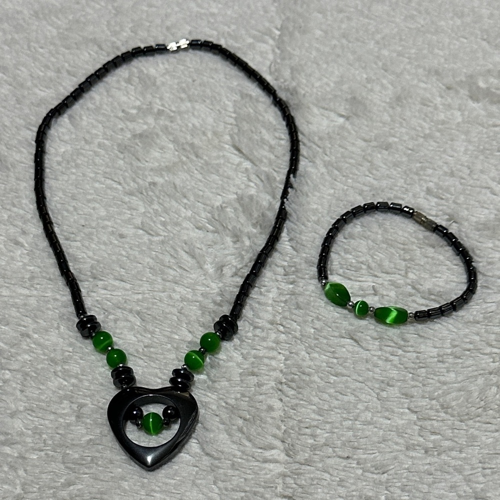 Hematite heart necklace and bracelet set